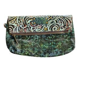 Patricia Nash Valerie Tooled Leather Fold-Over Wristlet Clutch Purse Green 9x6"